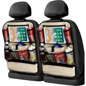 LUCMO Car Backseat Organizer with Touch Screen Tablet Holder-2 Pcs,9 Storage Pockets Car Storage Organizer Protectors Kick Mats Travel Accessories for Kids-Beige