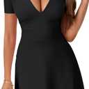 Rooscier Sexy Deep V Neck Mini Dress for Women Ruffle A Line Short Sleeve Wedding Guest Party Casual Sundress (Black, XS)