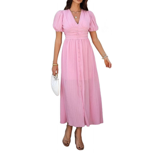 Women Summer Casual Midi Dress Puff Sleeve V Neck Ruched Button Front Split Boho Beach Vacation Wedding Dresses 2025 Pink, S