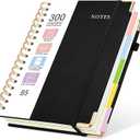 Hardcover Spiral Journal Notebook, 300 Pages 5 Subject Notebook College Ruled with Removable Dividers Tabs, 8" x 10" Notebooks for Work, Spiral Ruled Lined Writing Journal Hardcover Leather Notebook for School (Black, 8''x 10'')
