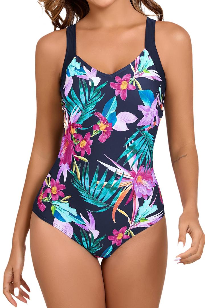 Itzel Women's V Neck One Piece Swimsuit Modest Navy Pink Floral 8 (L)
