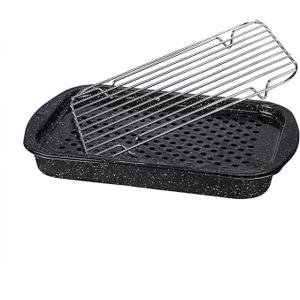 Granite Ware 2 piece multiuse set. broiler pan, and grill with rack. Versatile for oven and direct fire cooking. Resists up to 932°F.
