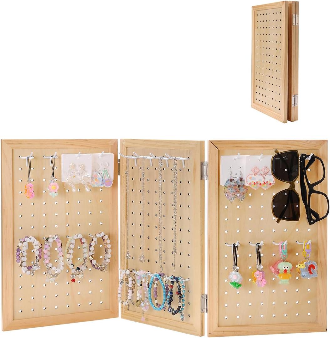 Wooden Foldable and Portable 3-Panel Pegboard Jewelry Display Organizer with 24 Removable White Metal Hooks for Bracelets, Earrings and Keychains, Versatile Countertop Rack for Store