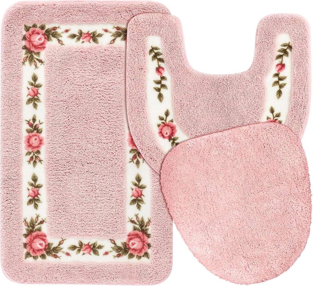 Drydiet 3 Pcs Rose Flowers Bathroom Rugs Set Coquette Room Decor Floral Bath Mat U Shaped Toilet Rug Non Slip Absorbent Floral Bath Carpet(Pink)