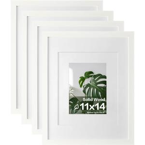 Egofine 11x14 Picture Frames 4PCS Covered by Plexiglass, Made of Solid Wood, Display Pictures 8x10/5x7 with Mat or 11x14 Without Mat for Table Top and Wall Mounting, White with Texture