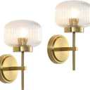 Gold Wall Sconces Set of Two Upward or Downward Hardwired Wall Light Fixtures with Globe Glass Modern Wall Lights for Living Room Bedroom Mirror Hallway (2 Pack)