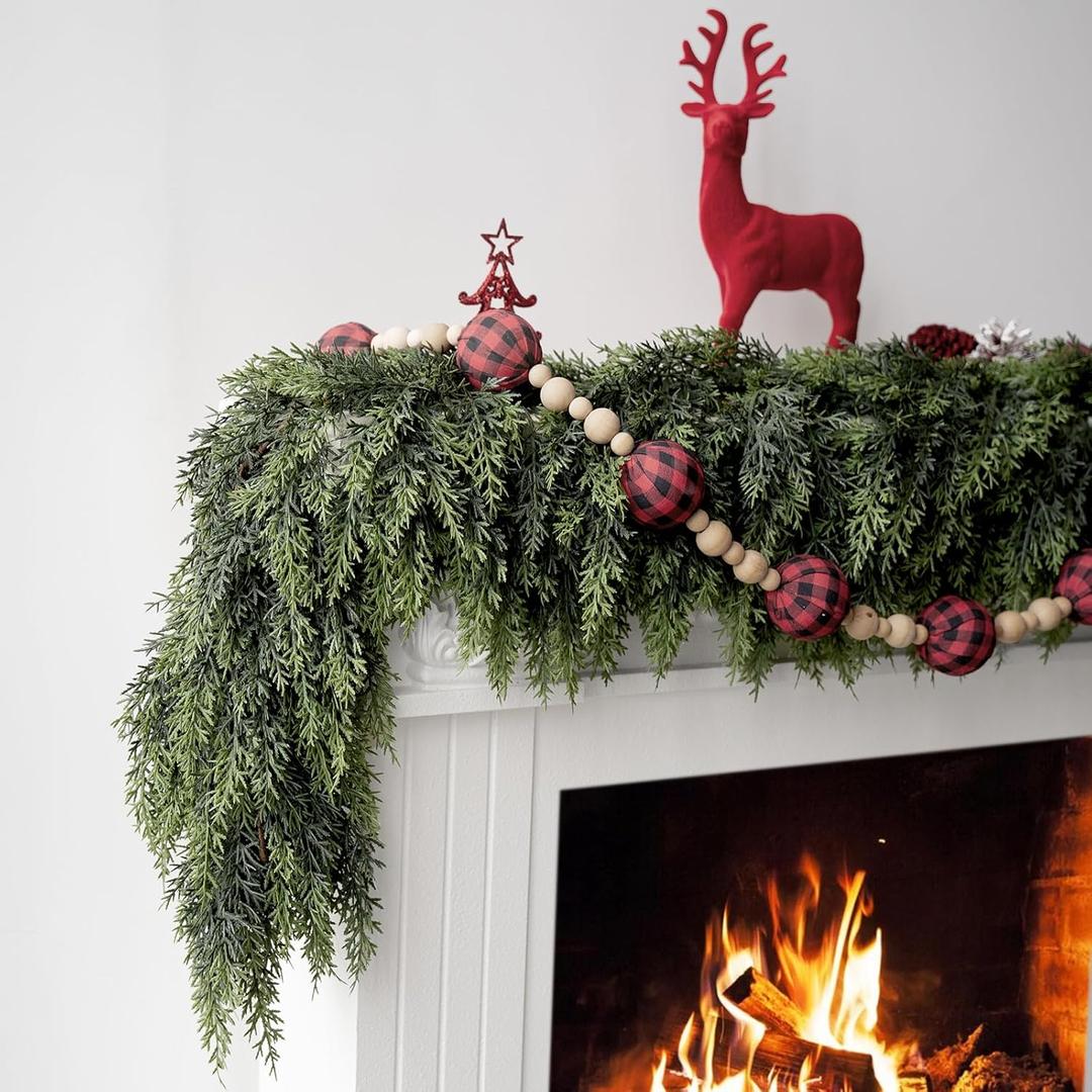 6FT Christmas Cedar Garlands, Real Touch Winter Cedar Pine Garland with Soft Thickness Pine, Green Artificial Greenery Garland for Table, Mantle, Fireplace, Wall, Indoor, Outdoor Christmas Decorations