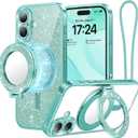 Meifigno Magnetic Case with Removable Phone Ring Stand for iPhone 16 6.1", [Glitter Card & Wrist Strap] [MagSafe Compatible] [Built in Mirror] Magnetic Phone Ring Holder + 16 Case Kit, Teal