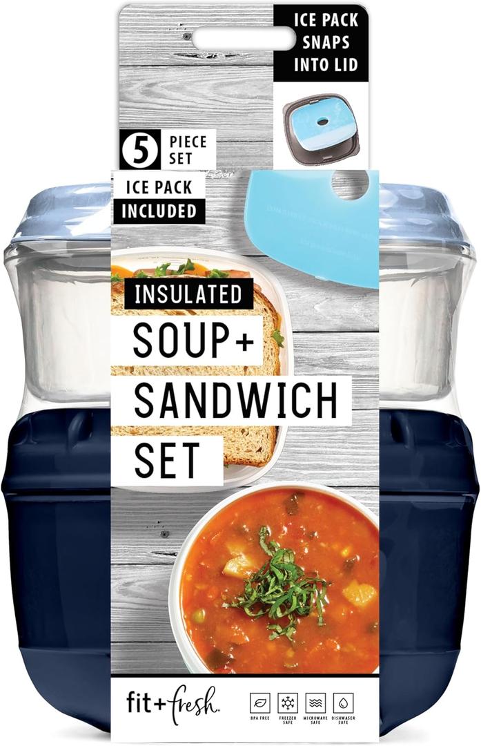 Fit & Fresh Insulated Soup Container With Lid & Sandwich Container, Hot Food Insulated Lunch Container, Complete Thermo Lunch Kit With Ice Pack, Navy