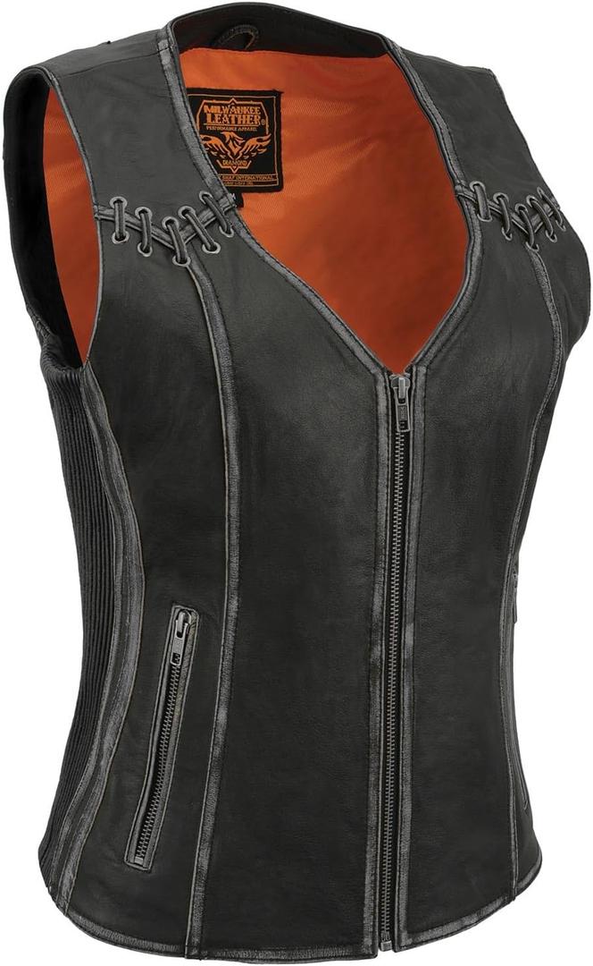 Milwaukee Leather MLL4526 Women's Distress Grey Leather Motorcycle Rider Vest- Stretch Side Panel W/Lacing Detail (XX-Large)
