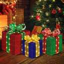 DomKom Set of 3 Christmas Lighted Gift Boxes, 160 Led Light Up Present Decorations, Metal Frame Gift Box with Lighted Bowknot for Xmas Tree Indoor Outdoor Yard Holiday Decor