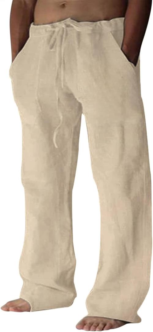 Puimentiua Cotton Linen Pants Men Casual Loose Fit Elastic Drawstring Waist Summer Beach Pants (Beige, XL)