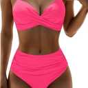 Aqua Eve Women Underwire Bikini High Waisted Bathing Suit Tummy Control Two Piece Swimsuit Pink L