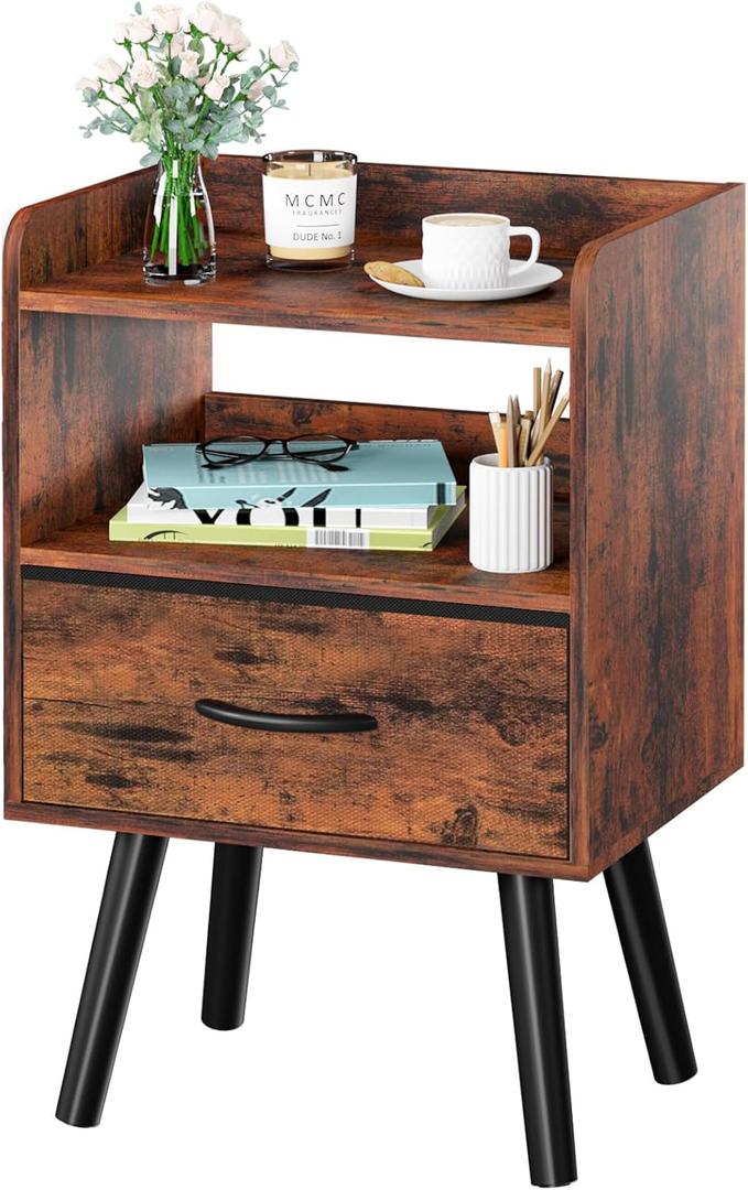 Yoobure Night Stand with Fabric Drawer, Modern Nightstand, Bedside Tables, Mid Century Nightstands with Open Storage Shelf, Wood Bedside Table, Small Night Stands for Bedrooms, 2-Tier Night Table (Berry Brown)