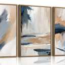 KISSFOX 3 Piece Framed Wall Art Abstract Wall Decor Navy Blue Brown Pictures Modern Minimalist Canvas Art Large Brushstroke Paintings Artwork for Living Room Bedroom Office