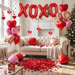Valentines Day Decorations Kit - Red XOXO Foil Balloons & Heart Balloon Bouquet with Hanging Swirls Artificial Rose Petals for Anniversary, Proposal, Wedding, Date Night,chenzhihao