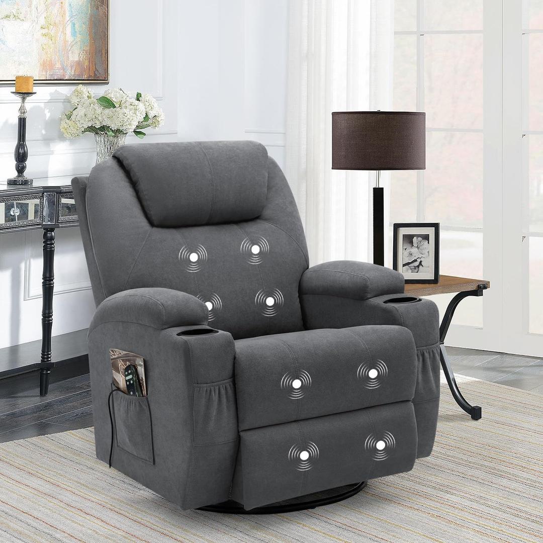 Flamaker Rocking Chair Recliner Chair with Massage Swivel Ergonomic Lounge Chair Classic Single Sofa with 2 Cup Holders Side Pockets Living Room Chair Home Theater Seat (Gray) (Grey)