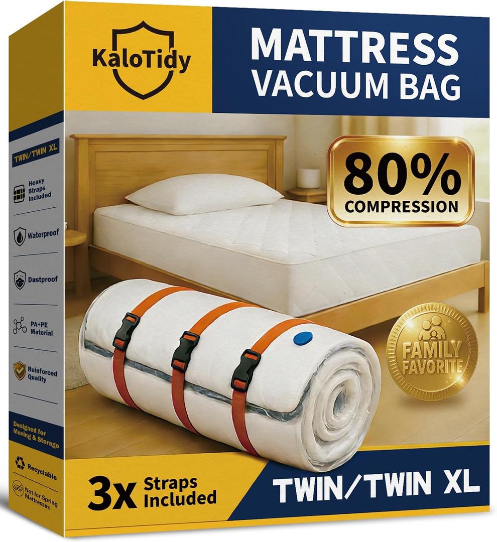 Memory Foam Mattress Vacuum Bag, Heavy-Duty Mattress Storage Bag for Moving and Transport, Mattress Compression Bag with Straps & Dual-Zip Seal (Orange Straps, Twin/Twin XL)