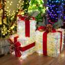 SANHSEHOME Set of 3 Christmas Lighted Gift Boxes Plug-in 60 Led Light Up Boxes Ornaments for Christmas Decorations Indoor Outdoor Home Yard Xmas Tree Holiday Party Lawn Porch (Tinsel)