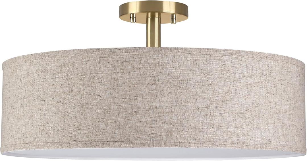 4 Light 20" Fabric Drum Shade semi Flush Mount Ceiling Light Linen Fabric Chandeliers Shade Gold Finish for Bar,Dining Room,Corridor,Living Room