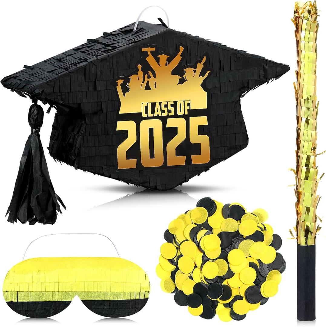 HyDren 2025 Graduation Piata Decorations 16 Inch Class of 2025 Graduation Cap Piata with Blindfold Bat and Confetti for College Middle School Elementary Congrats Grad Party Supplies(Elegant Style)