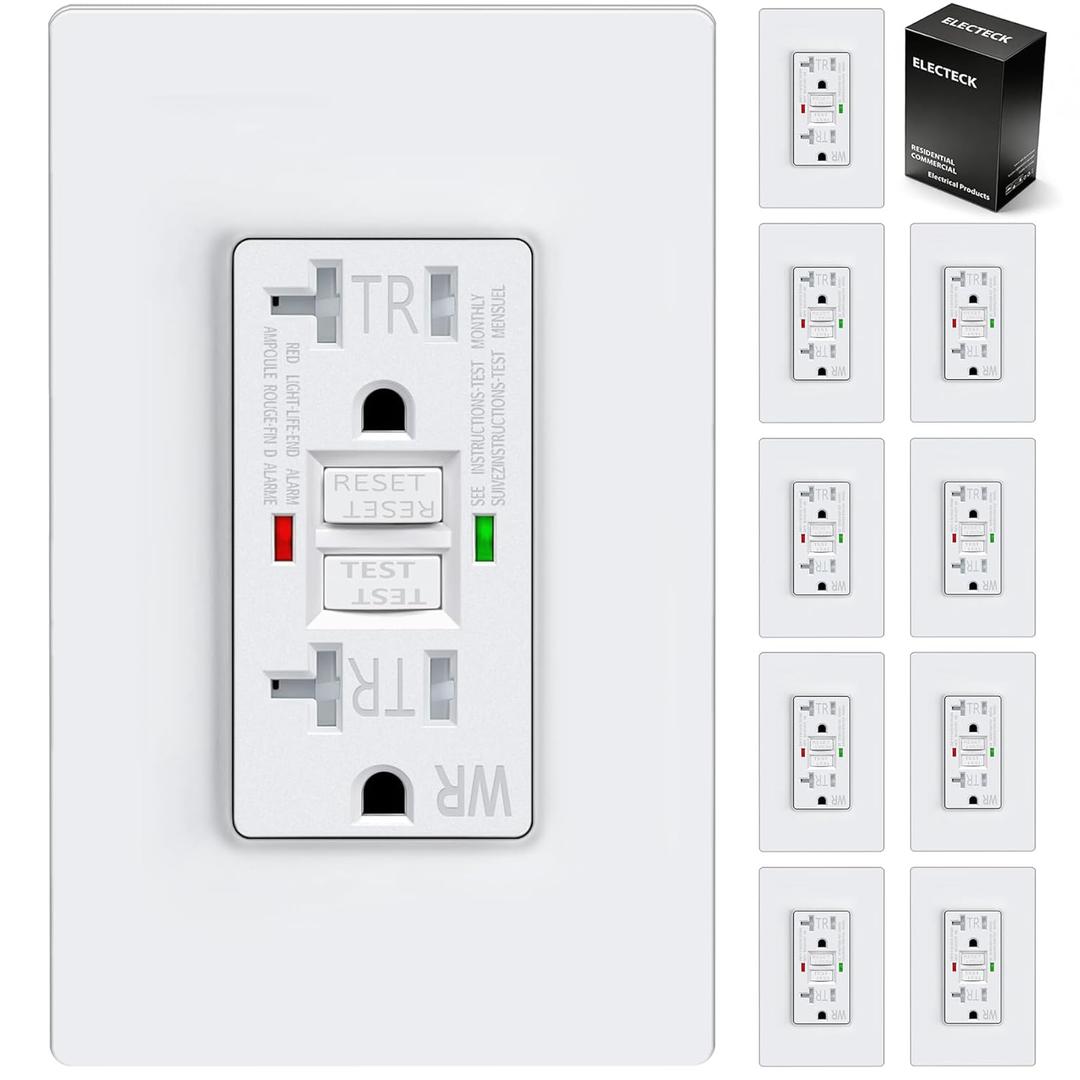 ELECTECK 10 Pack GFCI Outlets 20 Amp, Outdoor Weather Proof (WR), Self-Test GFI Receptacles with LED Indicator, Ground Fault Circuit Interrupter, Screwless Wallplate Included, UL Listed, White