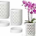 2 Pack 4 Inch Orchid Pots with Holes and Saucers, Ceramic Orchid Pot for Repotting, Flower Planter Pot Indoor Outdoor, Breathable Slotted Orchids Planter Gifts for Moms(White)