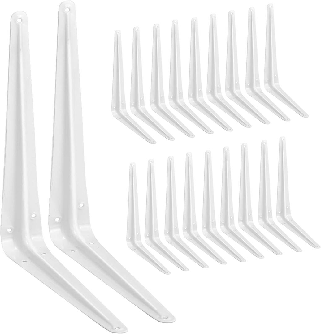 20 Pack Shelf Brackets 12 Inches White, Heavy Duty Steel Metal L Brackets for Shelves, J Brackets Wall Angel Corner Brace for Wood Board