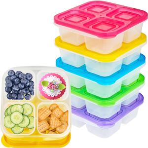 5 Pack Reusable Plastic Snack Bento Boxes,4-Compartment Lunch Container with Lid,Divided Food Storage Containers for School,Travel,Work