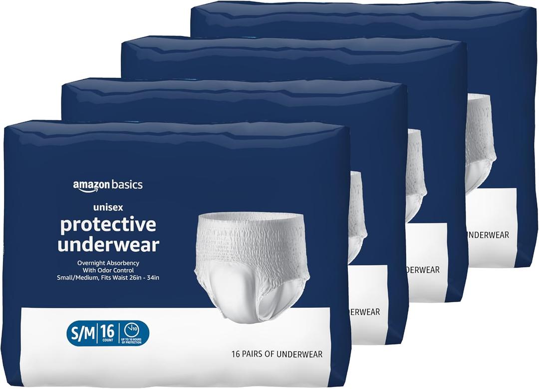 Amazon Basics Unisex Protective Underwear, Overnight Absorbency, Small/Medium, 64 Count, (4 Packs of 16)