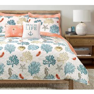 Lush Decor Coastal Reef Feather Reversible Quilt Set, 7 Piece Set Full/ Queen Blue & Coral - Queen Bedding Set Quilted - Coastal Decor - Beach House - Beachy Room