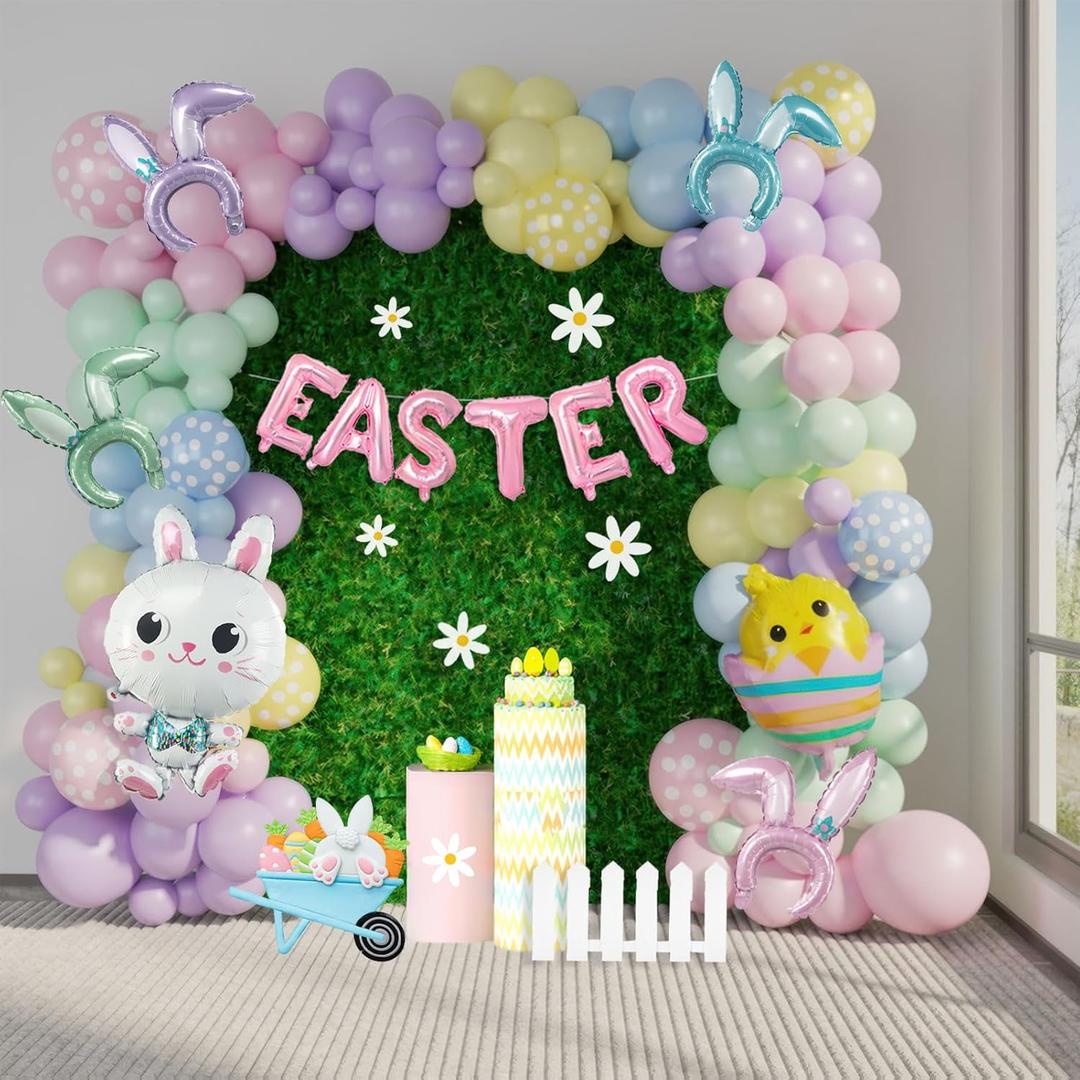 Easter balloon garland kit arch 139pcs with Easter egg chicken daisy bunny head hoop Pastel pink letter foil balloons for spring big resurrection day he is risen birthday baby shower party decorations
