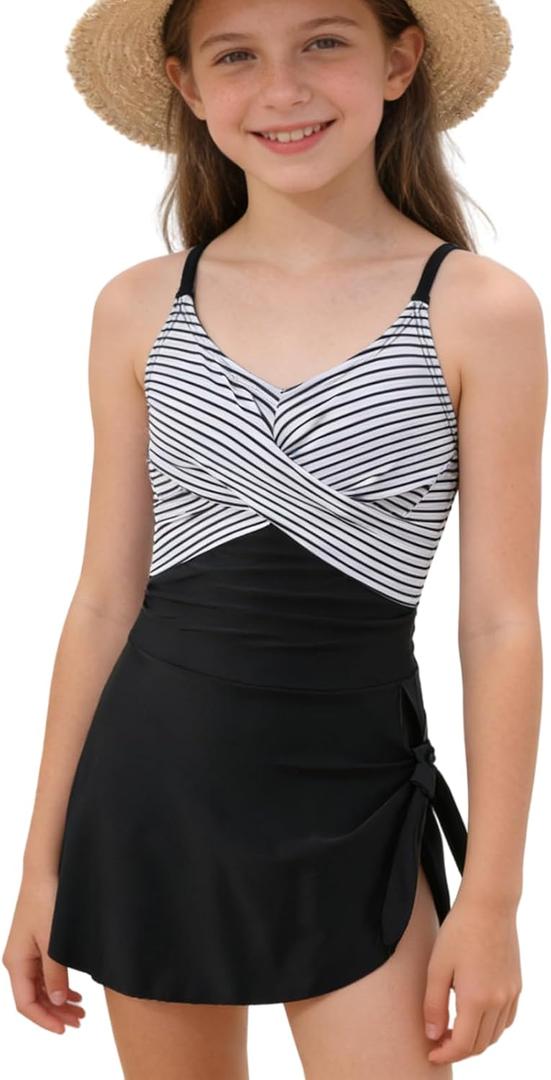 Girls 2 Piece One Piece Swimsuit with Cover Up Quick Dry Adjustable Straps Hollow Out Bathing Suit for 12-13 Years (Black)