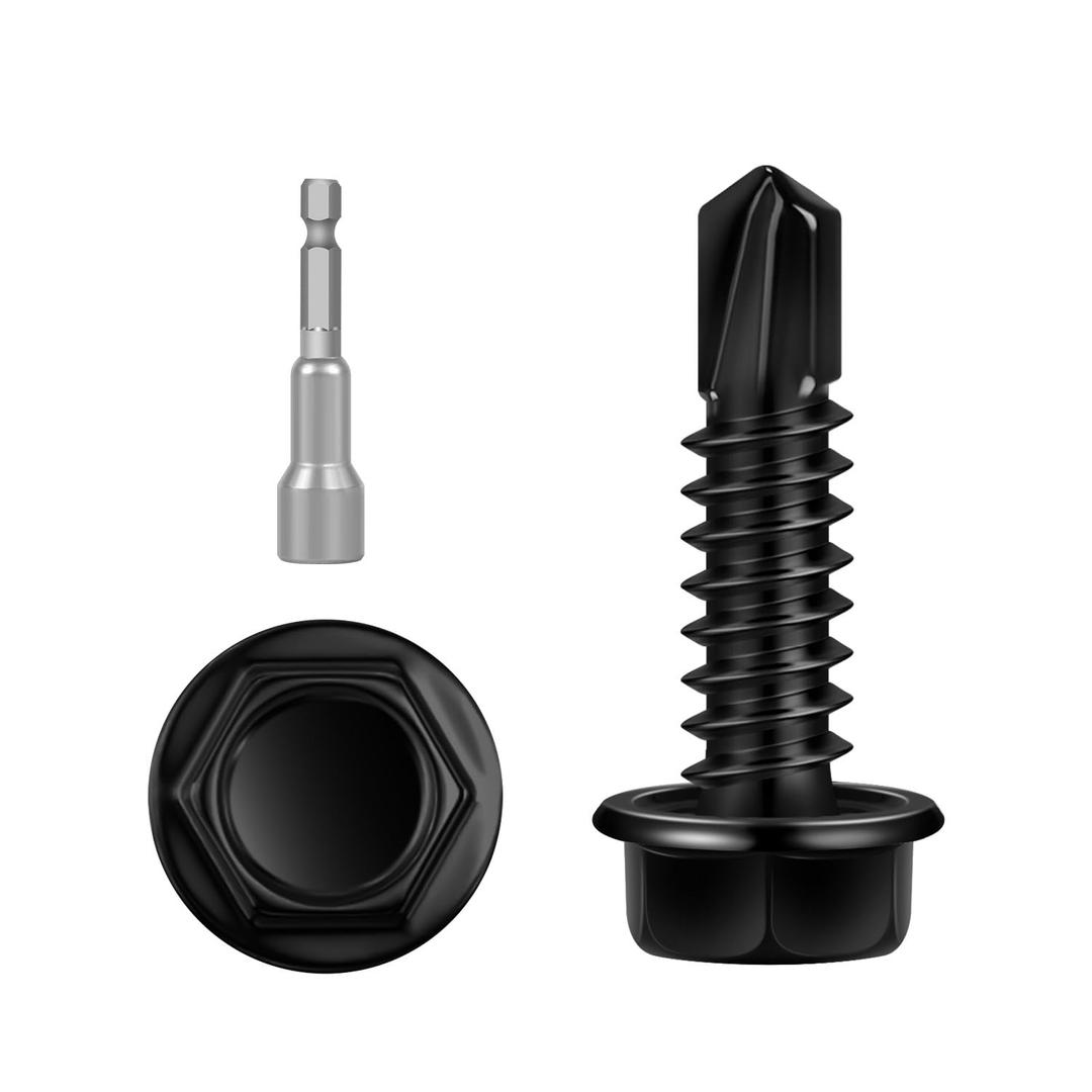 100 PCS #12 x 1 Sheet Metal Screws, Black Hex Washer Head Self Drilling Screw, Flanged Self Tapping Screws, 410 Stainless Steel