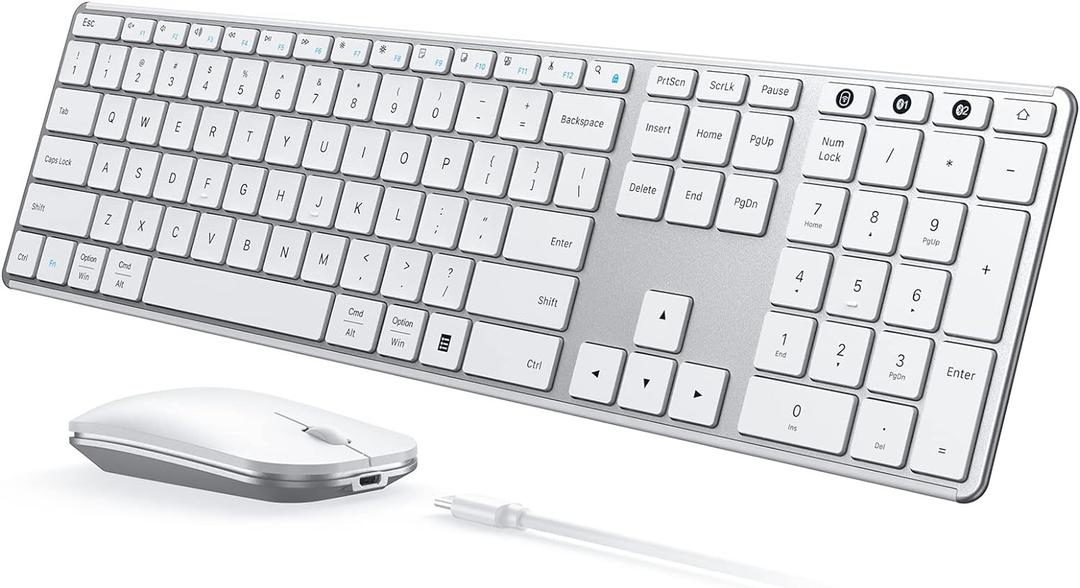 seenda Wireless Bluetooth Keyboard and Mouse Combo, SKM64-3 Rechargeable Slim Quiet Keyboard Mouse, 3 Multi-Device Connection, Compatible for Windows 11/10 PC Laptop Mac MacBook iPad, White Silver