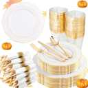 Liacere 350PCS Gold Plastic Plates-Disposable White and Gold Plates 50guest Baroque Plastic Dinnerware include 100Plates, 50Pack Pre Rolled Napkins with Silverware 50Cups for Wedding & Thanksgiving