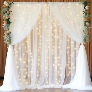 20x10ft White Tulle Backdrop Curtain with Lights String for Parites, Sheer Backdrop Curtains for Wedding Baby Shower Birthday Party Photo Shoot Decorations