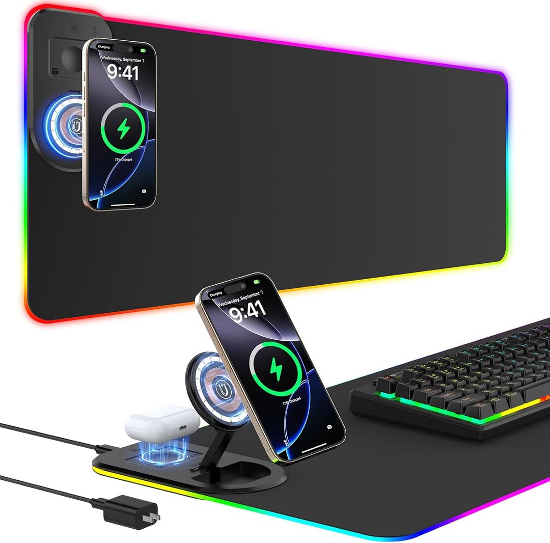 RGB Gaming Mouse Pad Wireless Charging Desk Mat with Foldable Phone Stand, Large LED Gaming Mat 800x350x4mm, 15 Light Modes, Waterproof, Keyboard Pad for PC Computer, Includes 20W PD Power Adapter (Black)