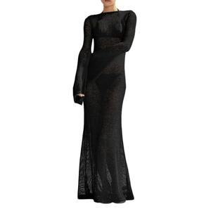 Saodimallsu Women's Crochet Cover Ups Long Sleeve Sexy Mesh Backless Knit Swimsuit Coverup Beach Maxi Dress Black S