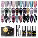 Clara Colors Magnetic Nail Polish - 20 Colors Cat Eye Gel Polish Kit Holographic Glitter Cat Eye Nail Polish with 4 Magnet, Black White Base Top Coat Gel Soak Off LED Manicure Salon DIY Art Gifts
