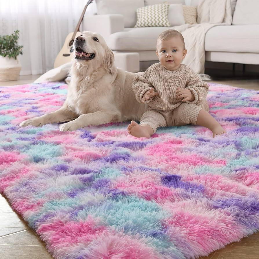 Rainbow Rug for Girls Room, 5x7 Fluffy Area Rugs for Bedroom, Colorful Kids Rug Cute Anti-Skid Indoor Carpet for Nursery, Living Room, Playroom, Home Decor