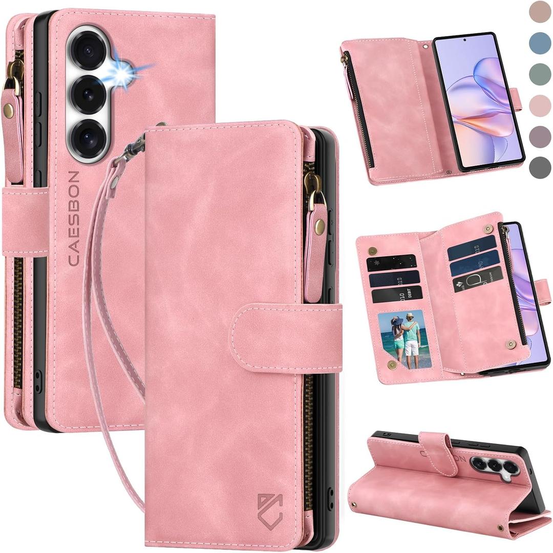 for Samsung Galaxy S26-Wallet Case: with RFID Blocking Card Slots (6 Cards) | Soft PU Leather Magnetic Snap Zipper Pocket | Crossbody Wrist Strap Protective Phone Cover - Pink