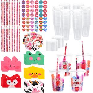 122PCS Valentine's Day Gifts for Kids School,24 Pack Valentines Day Stationery Gifts with Cups Cards Pencils Stickers Erasers Stampers Classroom Prize School Exchange Boys Girls Party Favors