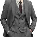 Mens Formal Tweed Wool 3 Piece Wedding Slim Fit Suit Prom Tuxedos Groomsmen (Gray, M)