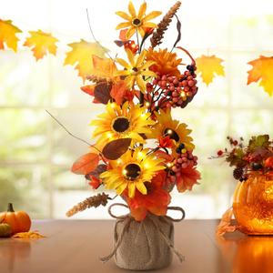 Pinkunn Fall Thanksgiving Centerpieces for Tables Decorations 16 Inch Lighted Fall Tree Tabletop with Artificial Sunflowers Maple Leaves Burlap Base Autumn Decor for Home Indoor Office Desk Party, Sunflower 