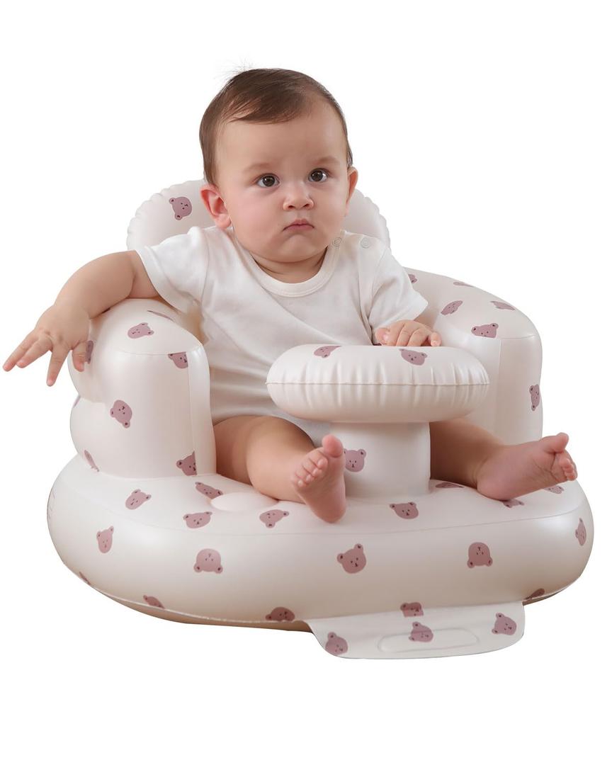 Upgrade Inflatable Baby Seat with Tray for Babies 3-36 Months, Built in Air Pump Bumbo Seat with Tray, Baby Chair Sit Me up Floor Seat for Baby, Learning to Sit & Feeding (Tray-Bear)