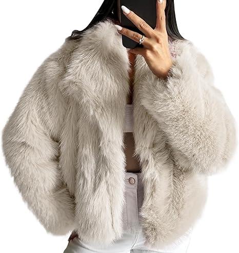 COZYPOIN Womens Faux Fur Jacket Fluffy Fur Coat Cropped Long Sleeve Lapel Button Down Fuzzy Winter Outerwear