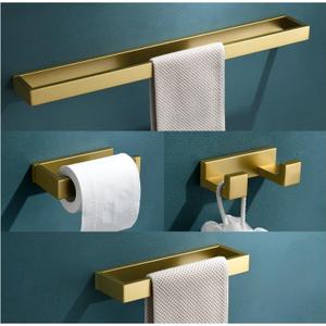 4-Piece Modern Gold Bathroom Hardware Accessories Set - Towel Bar & Holder, Stainless Steel, Wall Mounted, 23.6 Inch