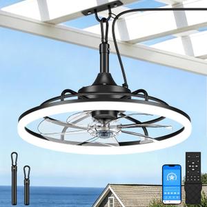 VOLISUN Outdoor Ceiling Fans with Light for Patios, 19.7in Weatherproof Plug in Ceiling Fan, 3000K-6500K Dimmable Gazebo Fan Remote&APP Control, Black Caged Ceiling Fan for Porch, Pergola,Canopy