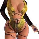 Womens Rave Wear One Piece Bodysuit Snakeskin Print Sexy Leg Rings Swimsuit for Festival Dance Rave Clothing. M Size